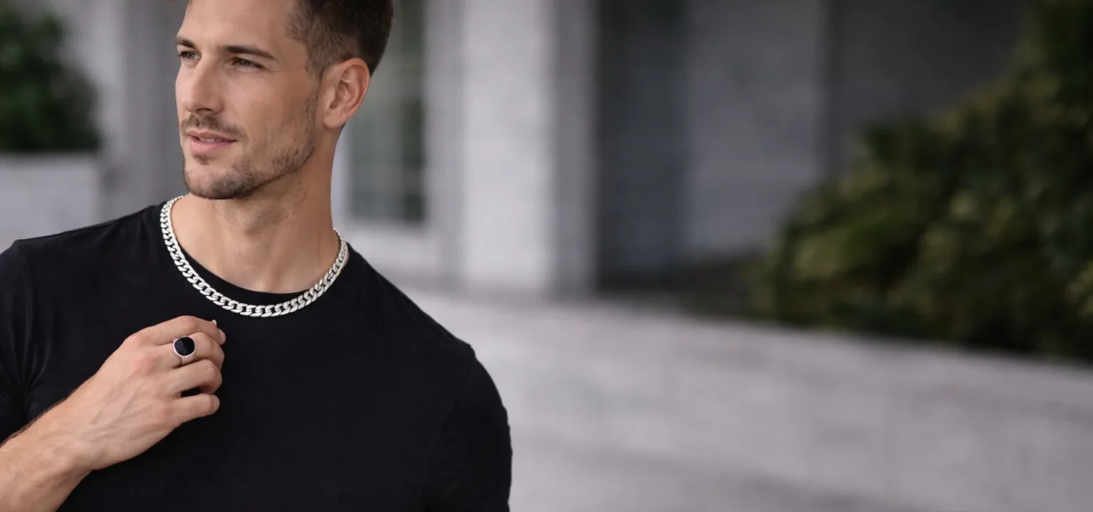 Men’s silver jewelry – chain necklace and ring worn by a man