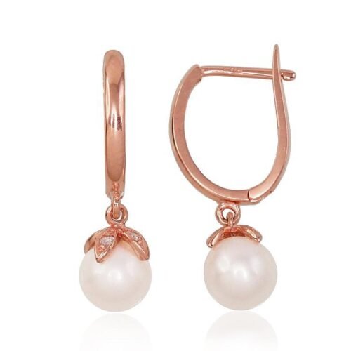 Gold earrings with 'english' lock with Zirkons , Fresh-water Pearl