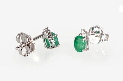 Gold classic studs earrings with Diamonds , Emerald - Image 2