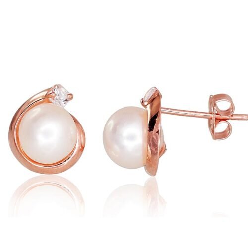 Gold classic studs earrings with Zirkons , Fresh-water Pearl