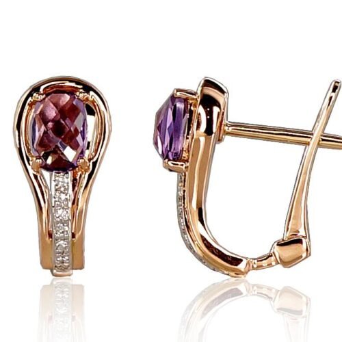 Gold earrings with 'english' lock with Diamonds , Amethyst