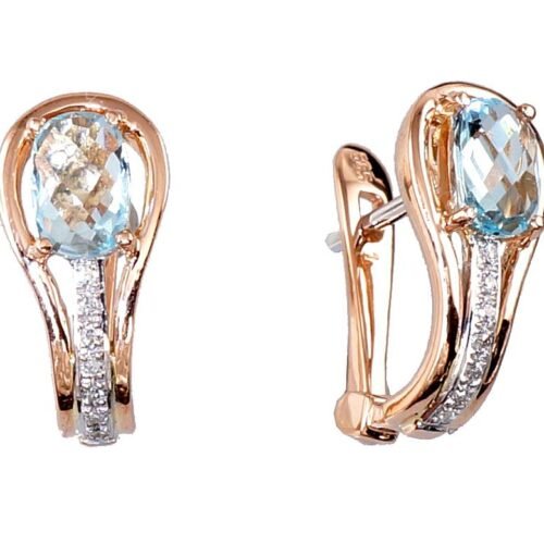 Gold earrings with 'english' lock with Diamonds , Sky Blue Topaz