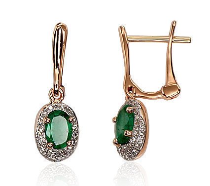 Gold earrings with 'english' lock with Diamonds , Emerald