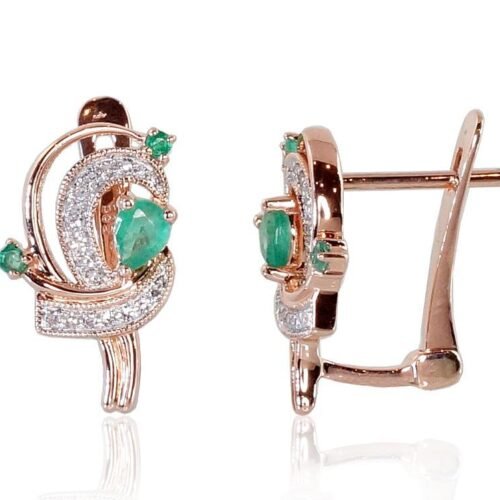 Gold earrings with 'english' lock with Diamonds , Emerald