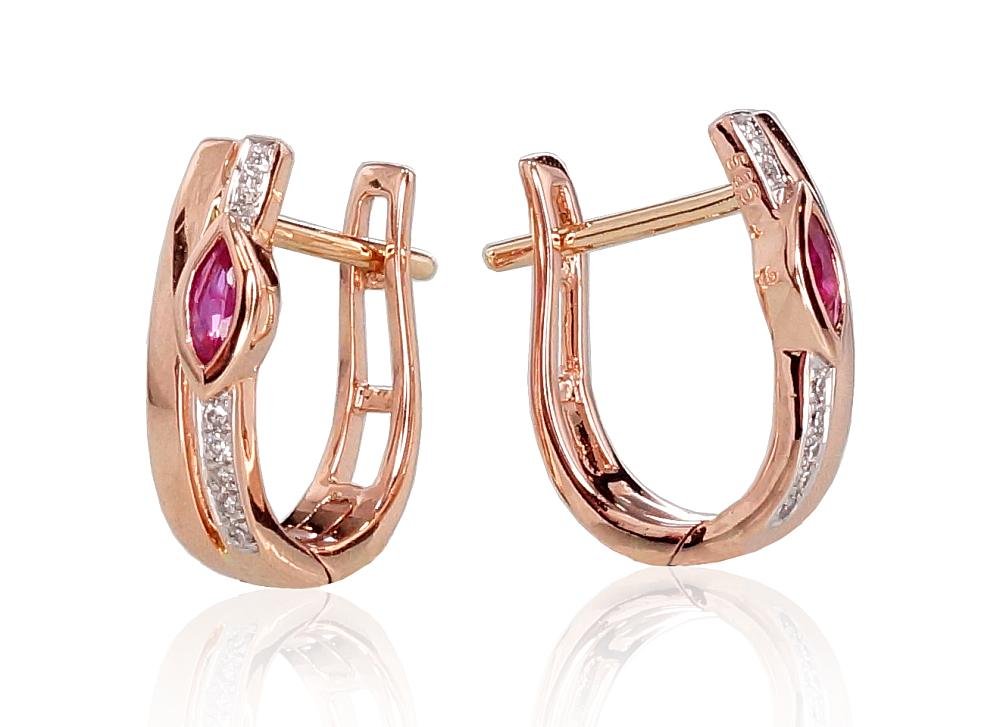 Gold earrings with 'english' lock with Diamonds , Ruby - Image 2