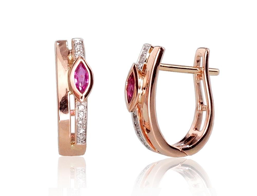 Gold earrings with 'english' lock with Diamonds , Ruby