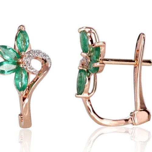 Gold earrings with 'english' lock with Diamonds , Emerald