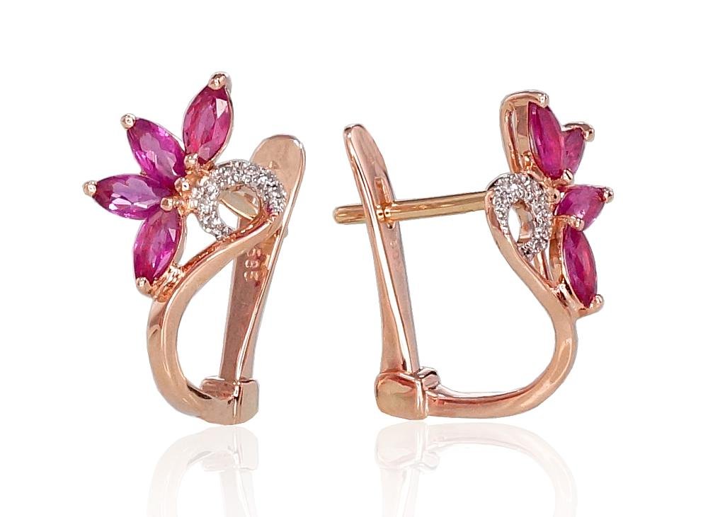 Gold earrings with 'english' lock with Diamonds , Ruby - Image 2