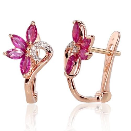 Gold earrings with 'english' lock with Diamonds , Ruby