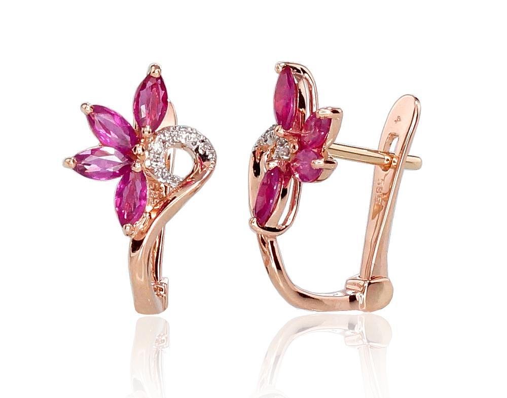 Gold earrings with 'english' lock with Diamonds , Ruby