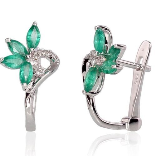 Gold earrings with 'english' lock with Diamonds , Emerald