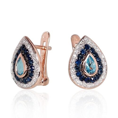 Alternative view of Gold earrings with 'english' lock with Diamonds , Sapphire , Blue Topaz