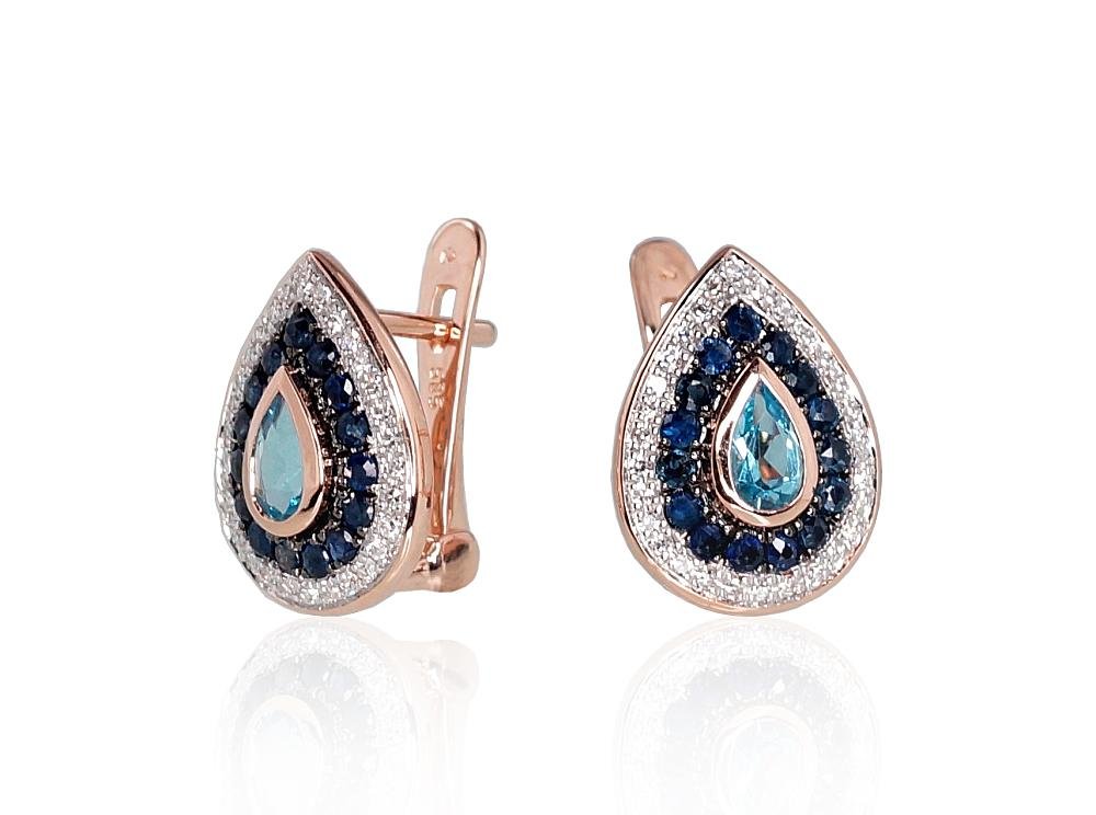 Gold earrings with 'english' lock with Diamonds , Sapphire , Blue Topaz - Image 2