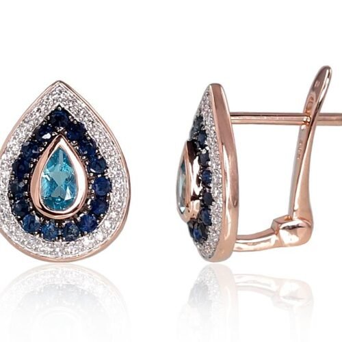 Gold earrings with 'english' lock with Diamonds , Sapphire , Blue Topaz