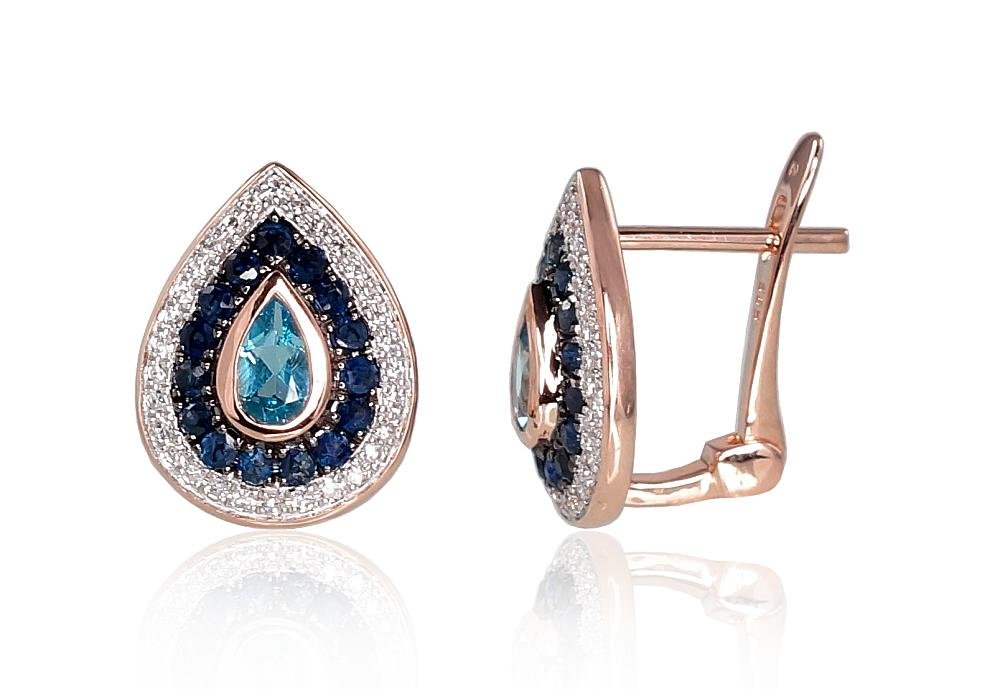 Gold earrings with 'english' lock with Diamonds , Sapphire , Blue Topaz