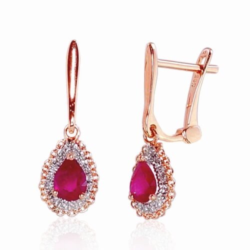 Gold earrings with 'english' lock with Diamonds , Ruby