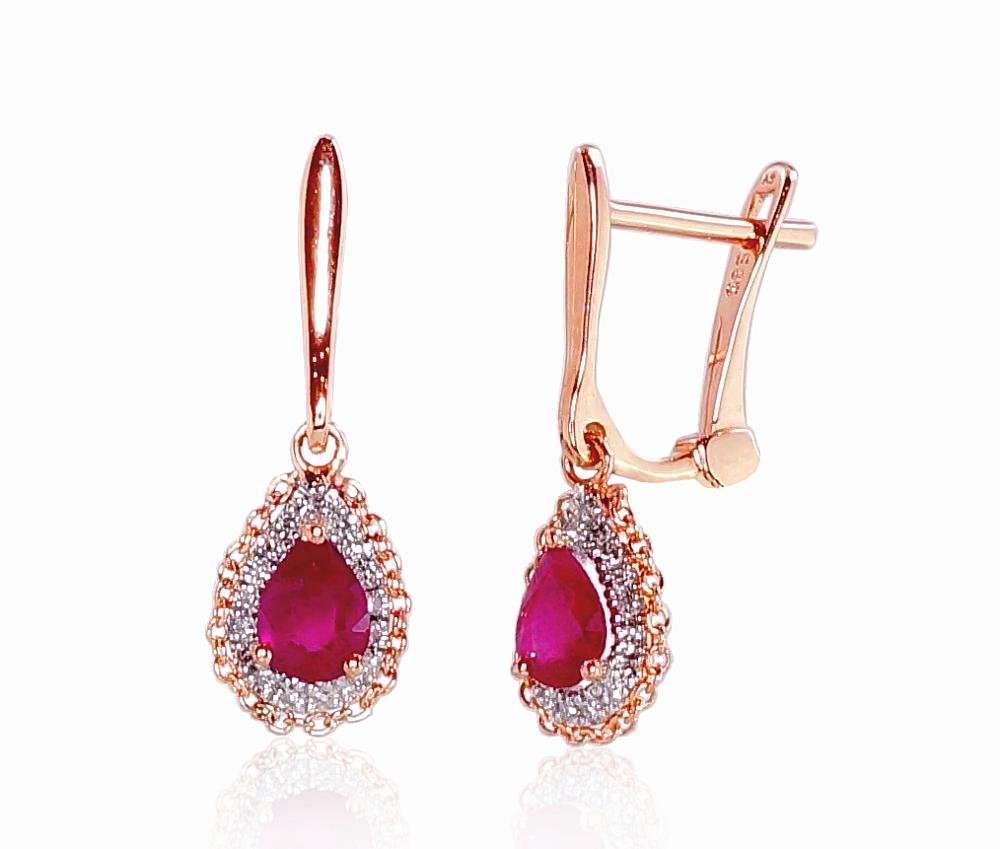 Gold earrings with 'english' lock with Diamonds , Ruby