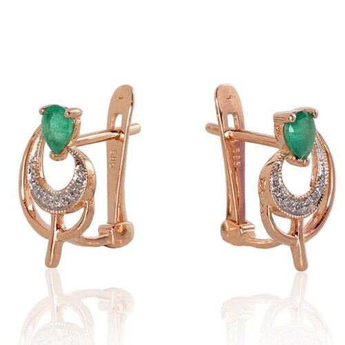 Alternative view of Gold earrings with 'english' lock with Diamonds , Emerald