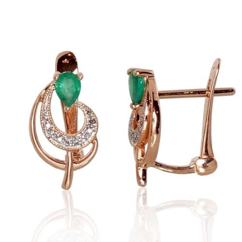Gold earrings with 'english' lock with Diamonds , Emerald