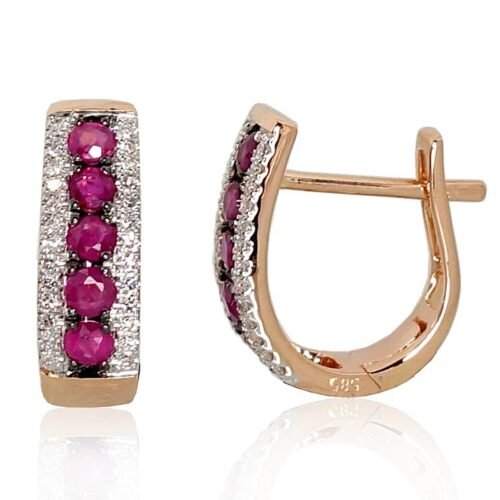 Gold earrings with 'english' lock with Diamonds , Ruby