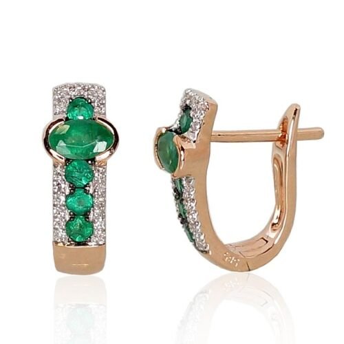 Gold earrings with 'english' lock with Diamonds , Emerald