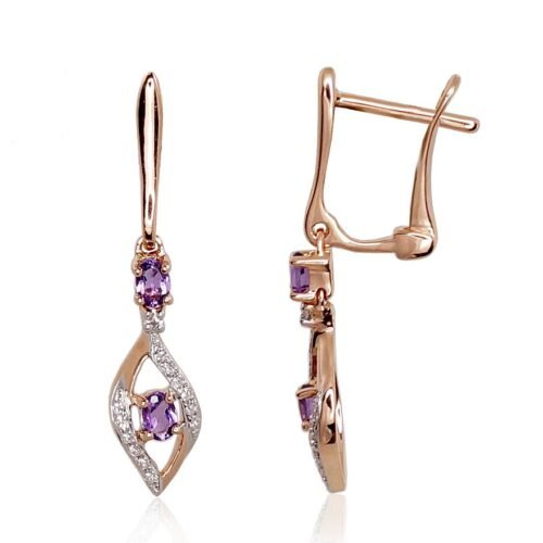 Gold earrings with 'english' lock with Diamonds , Amethyst