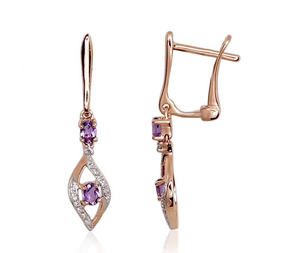 Gold earrings with 'english' lock with Diamonds , Amethyst