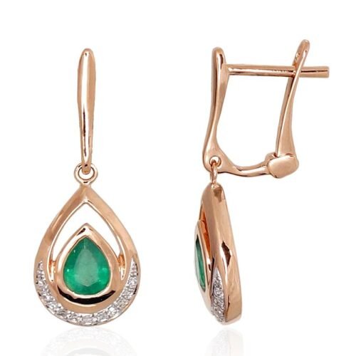 Gold earrings with 'english' lock with Diamonds , Emerald