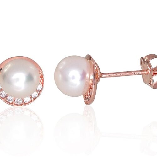 Gold classic studs earrings with Zirkons , Fresh-water Pearl