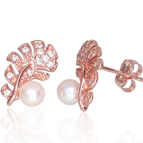 Gold classic studs earrings with Zirkons , Fresh-water Pearl