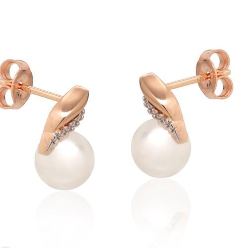 Alternative view of Gold classic studs earrings with Diamonds , Fresh-water Pearl
