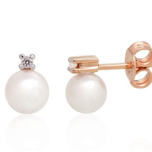 Gold classic studs earrings with Diamonds , Fresh-water Pearl