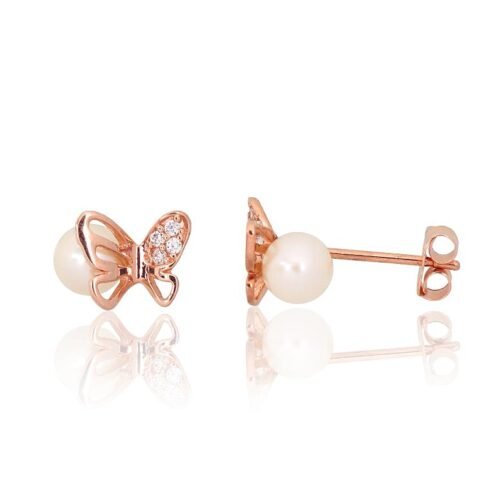 Gold classic studs earrings with Zirkons , Fresh-water Pearl
