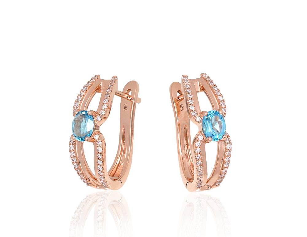 Gold earrings with 'english' lock with Diamonds , Sky Blue Topaz - Image 2