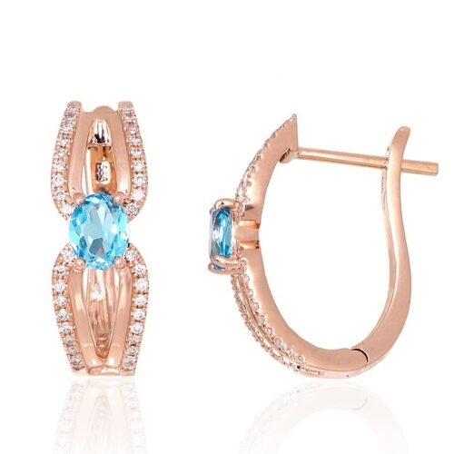 Gold earrings with 'english' lock with Diamonds , Sky Blue Topaz