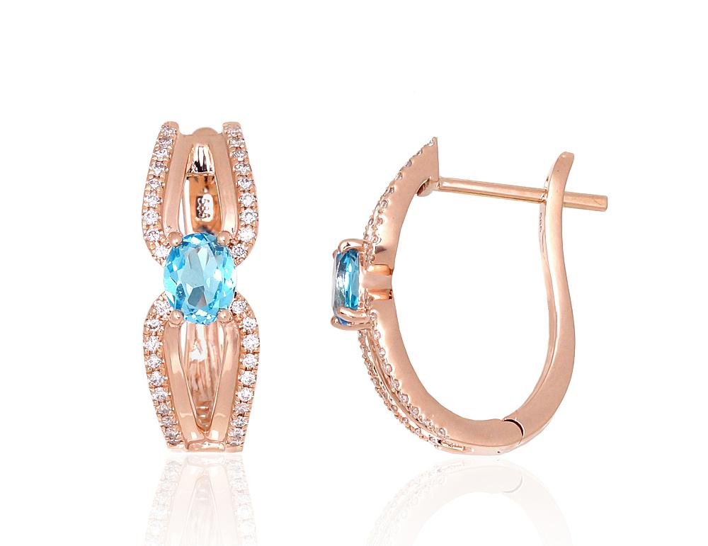 Gold earrings with 'english' lock with Diamonds , Sky Blue Topaz