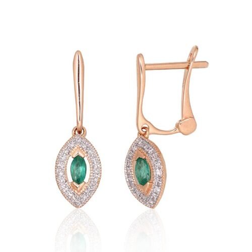 Gold earrings with 'english' lock with Diamonds , Emerald