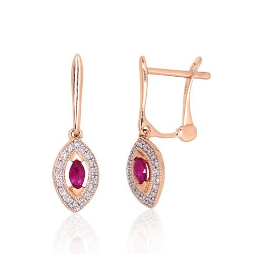 Gold earrings with 'english' lock with Diamonds , Ruby