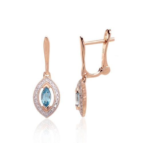 Gold earrings with 'english' lock with Diamonds , Blue Topaz