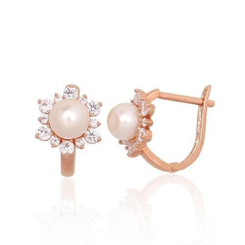 Gold earrings with 'english' lock with Zirkons , Fresh-water Pearl