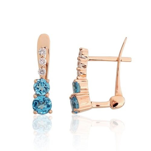 Gold earrings with 'english' lock with Diamonds , Blue Topaz