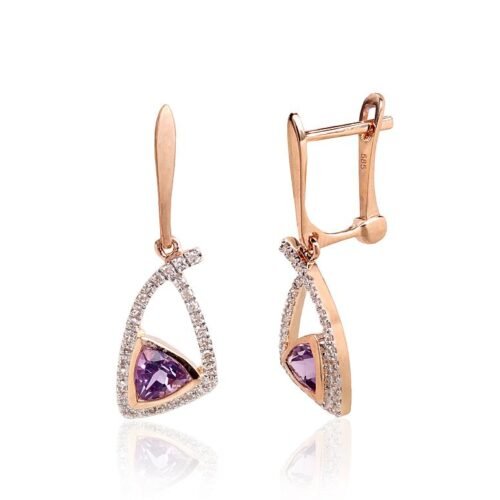 Gold earrings with 'english' lock with Diamonds , Amethyst