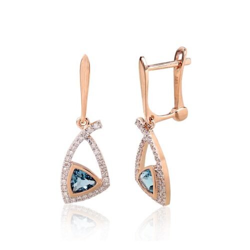 Gold earrings with 'english' lock with Diamonds , Blue Topaz