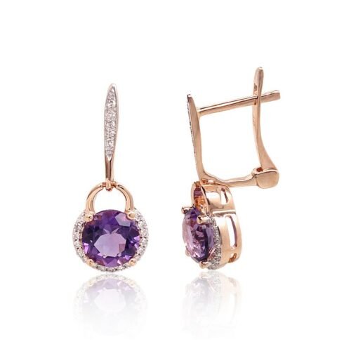 Gold earrings with 'english' lock with Diamonds , Amethyst