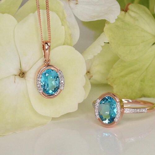 Alternative view of Gold pendant with Diamonds , Blue Topaz