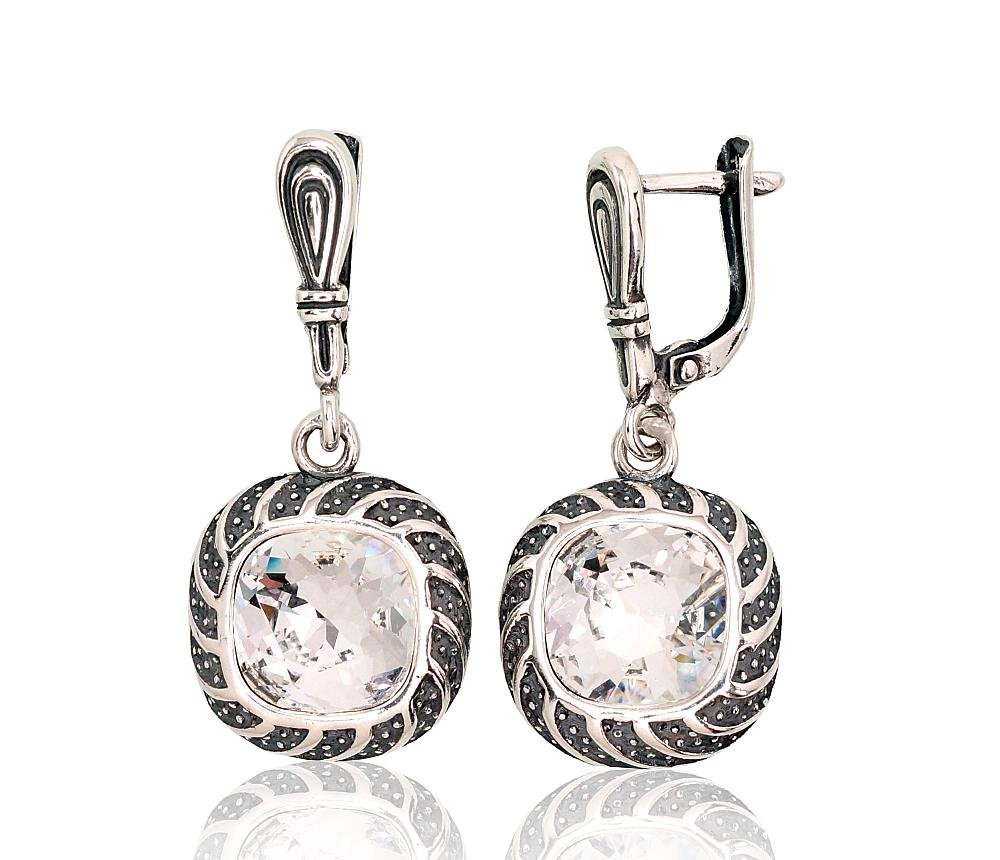 Silver earrings with 'english' lock with Crystals