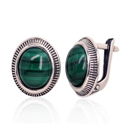 Silver earrings with 'english' lock with Malachite