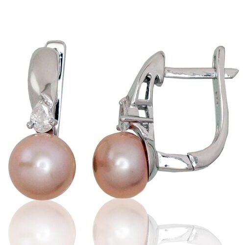Silver earrings with 'english' lock with Zirkons , Fresh-water Pearl