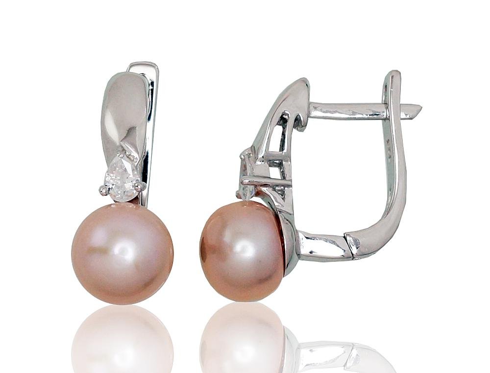 Silver earrings with 'english' lock with Zirkons , Fresh-water Pearl