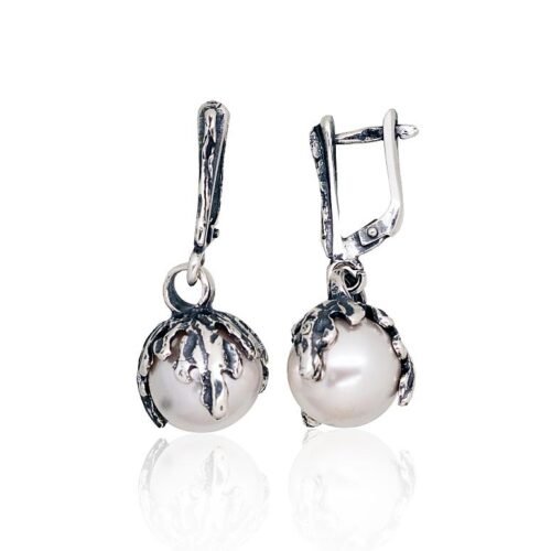 Silver earrings with 'english' lock with Fresh-water Pearl (synt.)